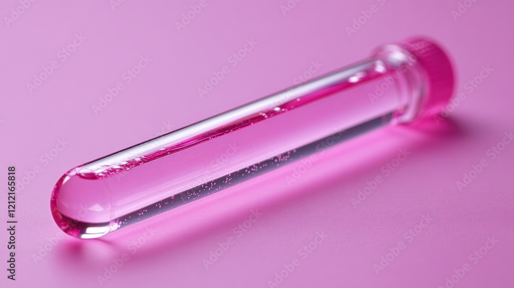 Close-up of a test tube filled with pink liquid resting on a soft pink background, ideal for scientific themes Close-up of a test tube filled with pink liquid resting on a soft pink background, ideal for scientific themes