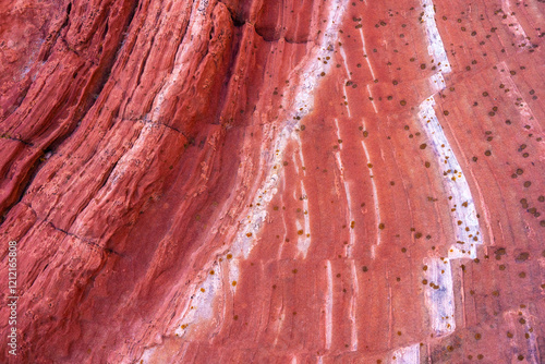 Detailed view of natural red rock formations with linear patterns photo