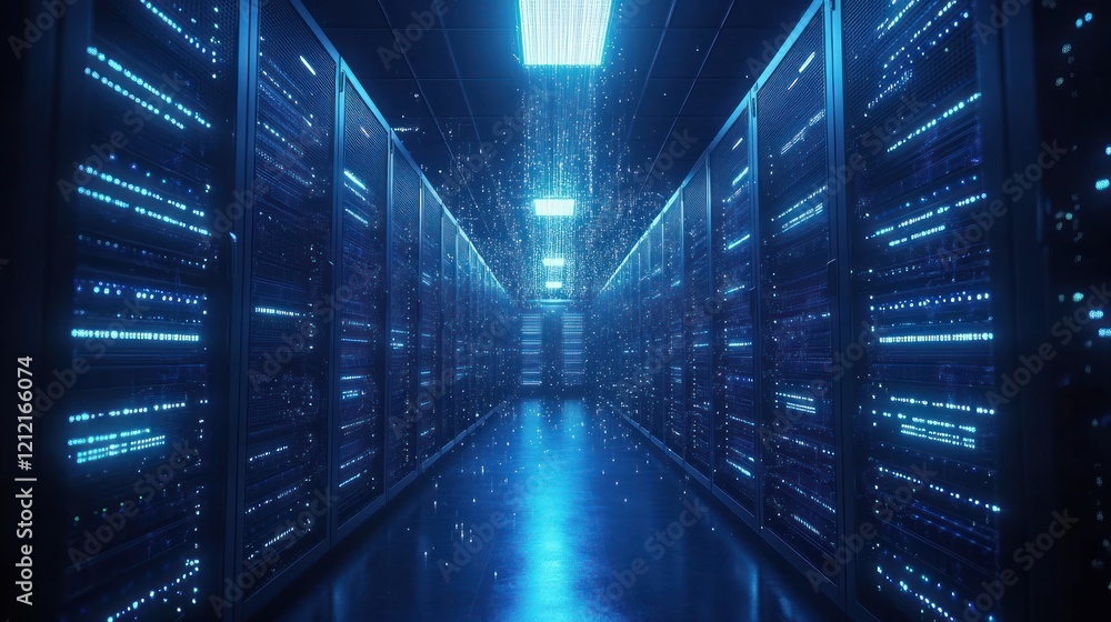 Obraz premium Data center server room; glowing digital rain; technology