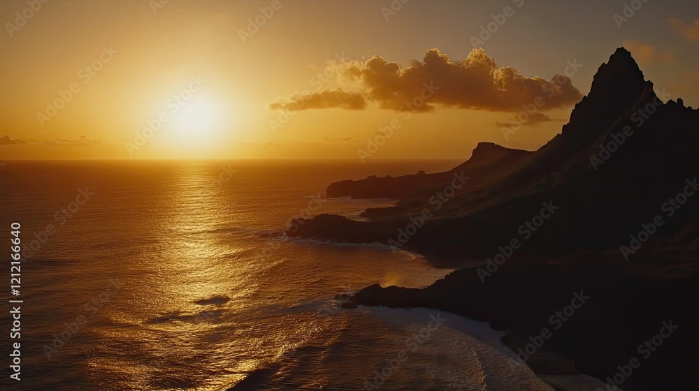 Obraz premium Sunset over volcanic coastline, ocean waves, travel background