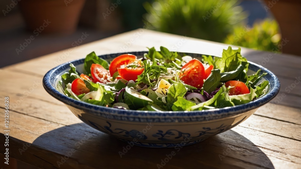 A vibrant salad with tomatoes and greens in a decorative bowl on a wooden table. A vibrant salad with tomatoes and greens in a decorative bowl on a wooden table.