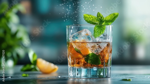 A delightful beverage with ice cubes and fresh mint leaves splashes in glass, inviting enjoyment, refreshment, and a gastronomic experience for all occasions. photo