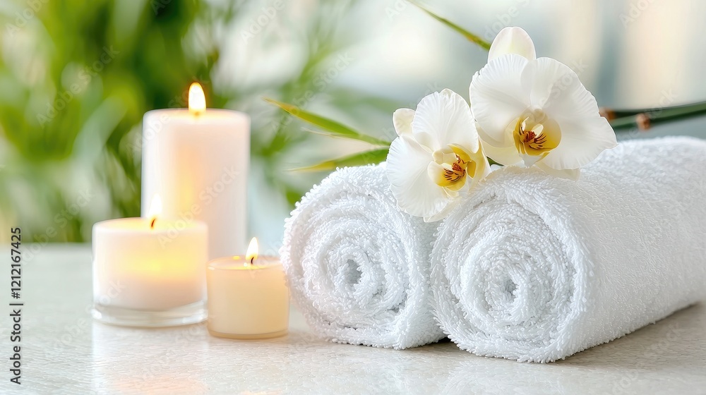 Spa relaxation rolled towels, orchids, candles Spa relaxation rolled towels, orchids, candles