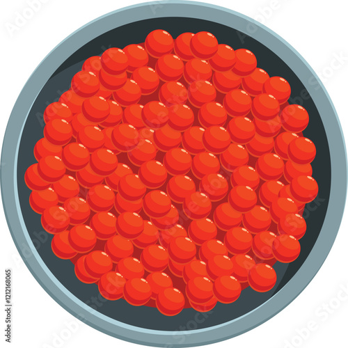 Salmon red caviar is filling a round metal plate, creating a vibrant and luxurious culinary scene