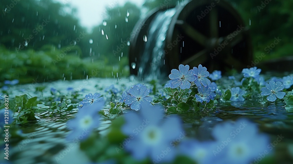 Rainy day, blue flowers, water wheel, garden, calm Rainy day, blue flowers, water wheel, garden, calm