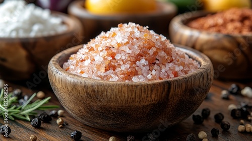 Himalayan pink salt in a wooden bowl with spices photo