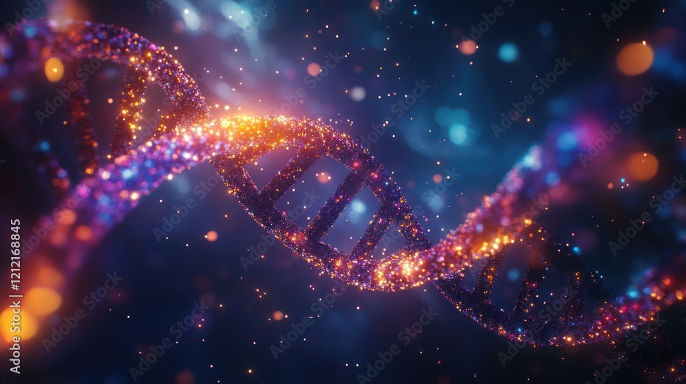 Fototapeta premium Glowing DNA helix, particle background, science, research