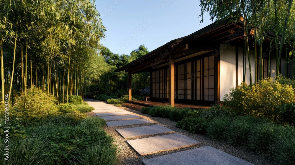 Tranquil Zen Garden House with Stone Path at Sunset Tranquil Zen Garden House with Stone Path at Sunset