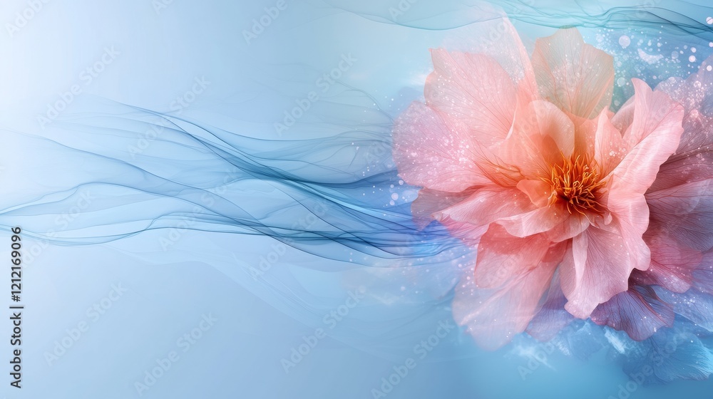 Obraz premium Delicate Pink Blossom on Calm Blue Backdrop: A Striking Visual Harmony of Nature's Beauty and Abstract Artistic Elements
