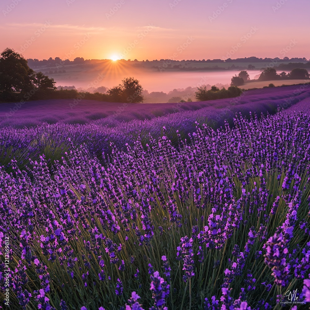 Fototapeta premium Lavender Field Sunrise Mist Rolling Hills