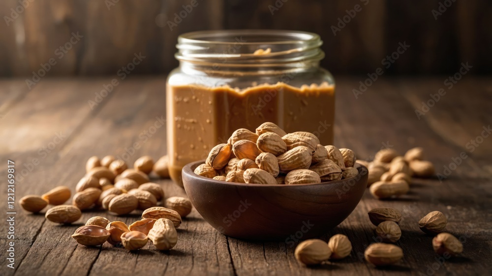 A jar of creamy nut butter beside a bowl of whole nuts on a wooden surface. A jar of creamy nut butter beside a bowl of whole nuts on a wooden surface.