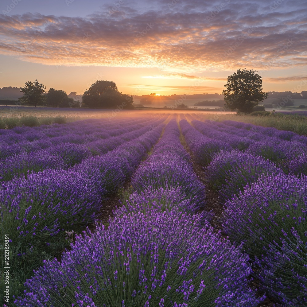Obraz premium Lavender Field Sunrise Mist Morning Golden Light