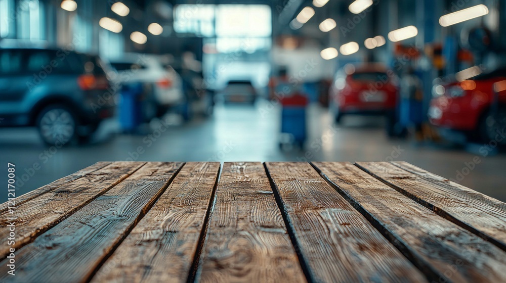 Inside a bustling car service center, a weathered wooden table top invites attention. Surrounding vehicles await maintenance, while tools and equipment enhance the industrial feel of the space Inside a bustling car service center, a weathered wooden table top invites attention. Surrounding vehicles await maintenance, while tools and equipment enhance the industrial feel of the space