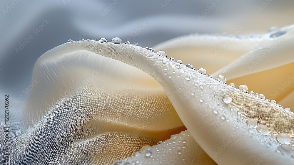 Fototapeta premium Delicate beige fabric, water droplets, soft folds, abstract background, textile texture