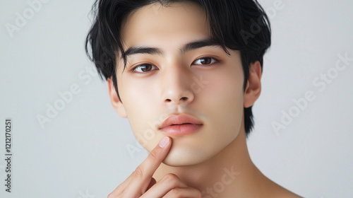 若くてかっこいいアジア人男性が顎を指で触る仕草をしているポートレート。美容・ファッションのイメージショット。