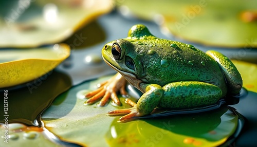 Green Frog on Lily Pad: A Vibrant Nature Close-up photo