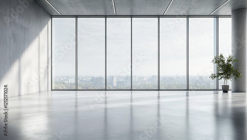 Modern  empty concrete room with large windows and a panoramic view. The concrete floor and gray wall background suggest an interior design for a modern office or warehouse. 