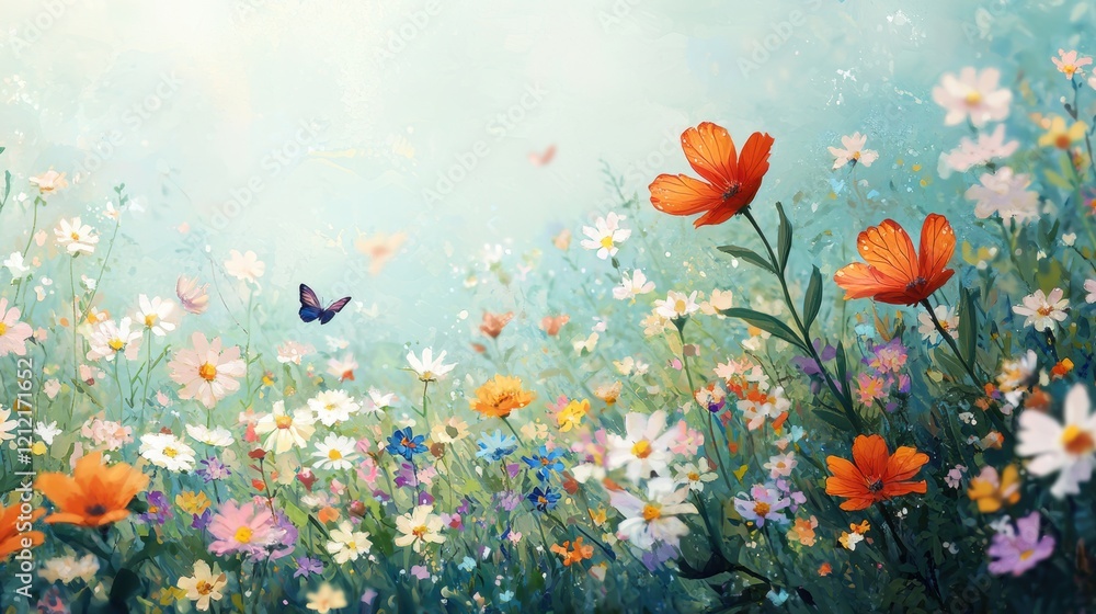 Serene Meadow Vibrant Blooms and Gentle Butterfly Serene Meadow Vibrant Blooms and Gentle Butterfly