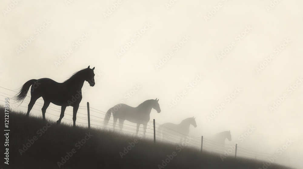 Silhouetted Horses on a Misty Horizon with Faint Fence in the Background at Dawn Silhouetted Horses on a Misty Horizon with Faint Fence in the Background at Dawn