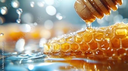 A captivating shot of honey congealing on a white background, emphasizing its golden hue and liquid form, highlighting the essence of natural sweetness and allure. photo