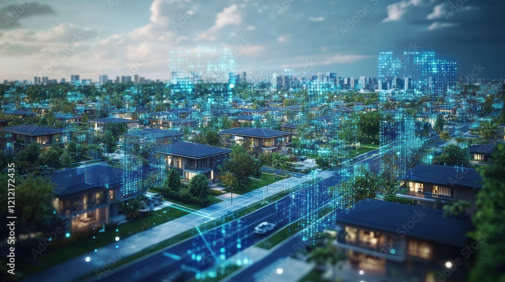 Smart city, aerial view, IoT network, suburban homes, dusk Smart city, aerial view, IoT network, suburban homes, dusk