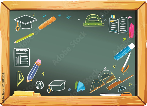 vector illustration of a chalkboard with a wooden frame, complete with chalk dust and hand-drawn elements, suitable for educational or rustic designs