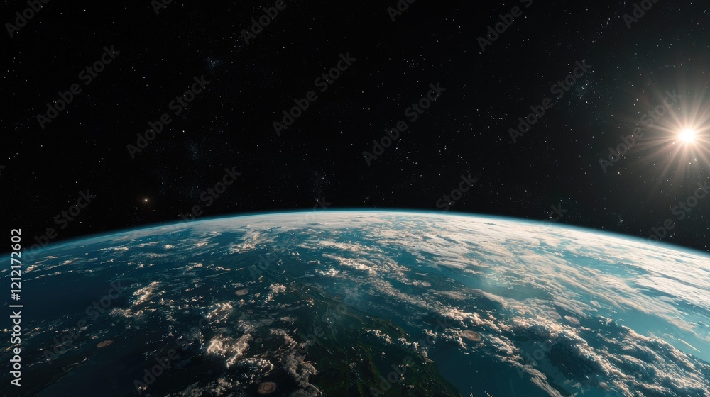 Sunrise over Earth from space, showing clouds and atmosphere. Use Science education, space exploration Sunrise over Earth from space, showing clouds and atmosphere. Use Science education, space exploration