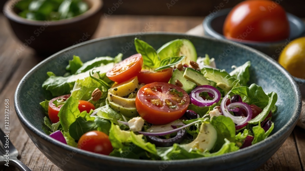 A vibrant salad featuring fresh greens, tomatoes, avocado, and onions in a rustic bowl. A vibrant salad featuring fresh greens, tomatoes, avocado, and onions in a rustic bowl.