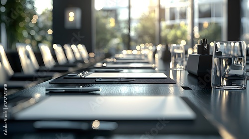 Modern conference room, prepared meeting table, city view, sunrise
