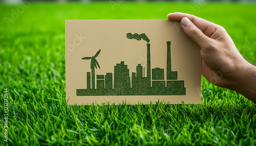 Illustration integrating industrial motifs and green elements positioned against a fresh grassy foreground, symbolizing environmental concerns, sustainability and greenwashing