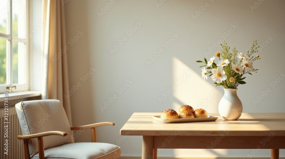 Sunlit morning scene featuring a wooden table, baked goods, and a vase of daisies next to a light-colored armchair Sunlit morning scene featuring a wooden table, baked goods, and a vase of daisies next to a light-colored armchair