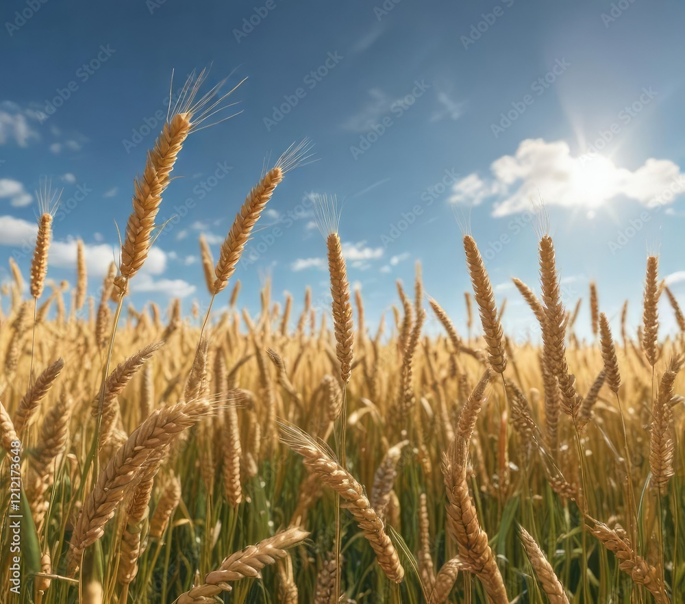 Field of golden wheat swaying in the breeze under a blue sky, agriculture, countryside view Field of golden wheat swaying in the breeze under a blue sky, agriculture, countryside view