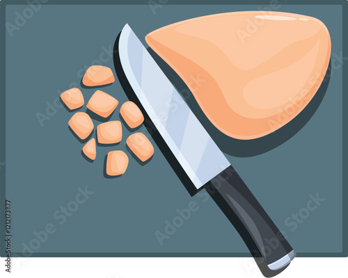 Chicken breast being cut into small cubes on a gray cutting board using a sharp kitchen knife