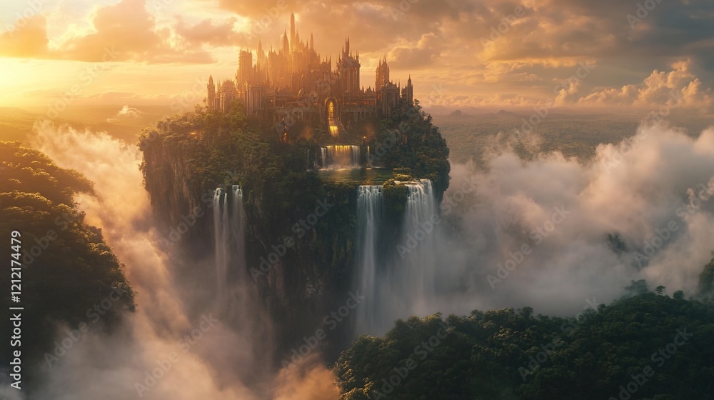 A majestic fantasy castle in the clouds, with waterfalls and lush greenery below, golden sunlight shining through its spires A majestic fantasy castle in the clouds, with waterfalls and lush greenery below, golden sunlight shining through its spires