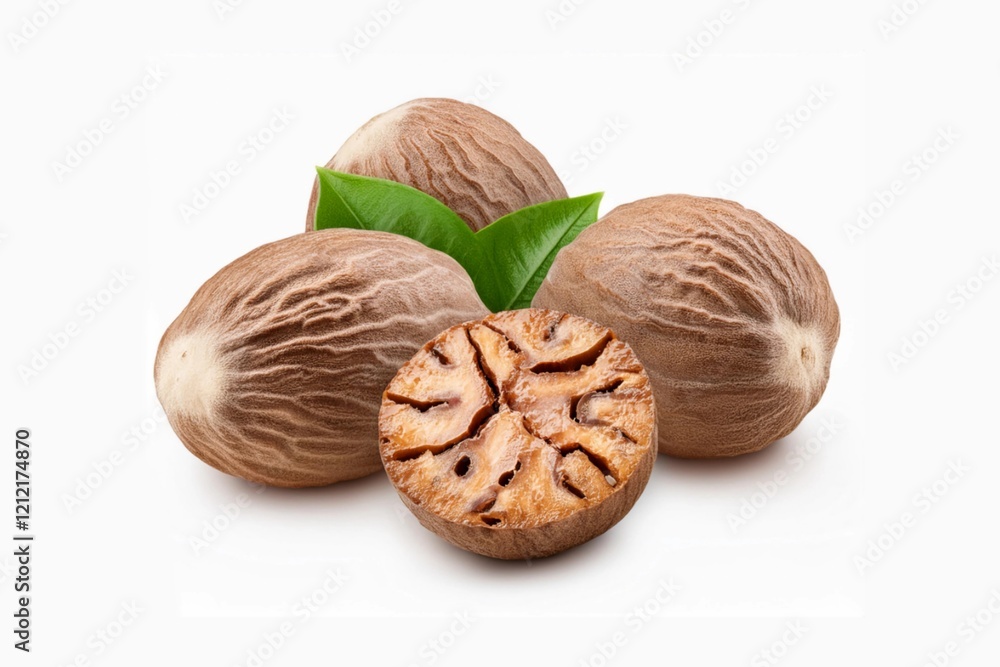 Nutmeg (Myristica fragrans) known as fragrant nutmeg or true nutmeg isolated on white background with full depth of field. Nutmeg (Myristica fragrans) known as fragrant nutmeg or true nutmeg isolated on white background with full depth of field.