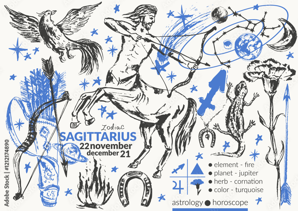 Fototapeta premium Hand drawn sagittarius zodiac signs illustration, horoscope background with astrology symbols and talismans. Comet, planets, sun, moon, star constellations.