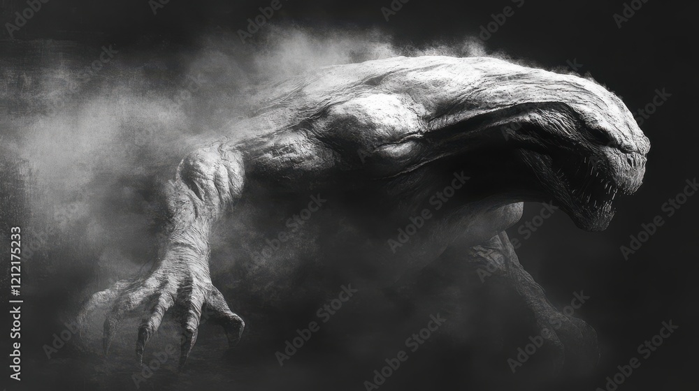 Fototapeta premium Monstrous creature emerging from the mist, a powerful and ominous presence.