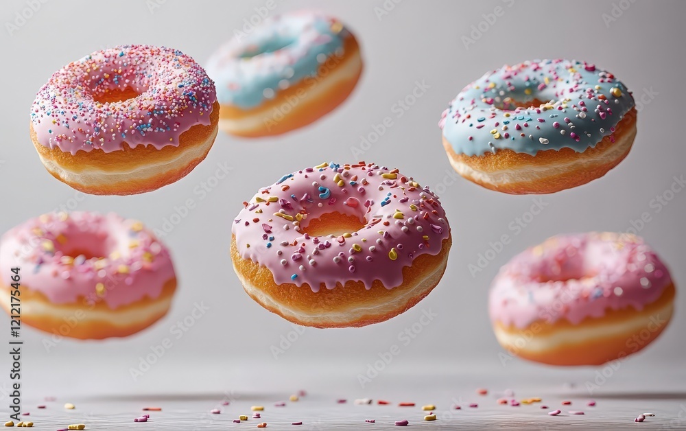 Delicious glazed donuts with sprinkles levitating against a light grey background. Perfect for food blogs, advertising, or bakery websites. Delicious glazed donuts with sprinkles levitating against a light grey background. Perfect for food blogs, advertising, or bakery websites.