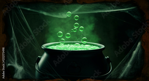 cauldron with bubbling green liquid surrounded by spider webs and atmospheric fog for a mystical or halloween theme photo