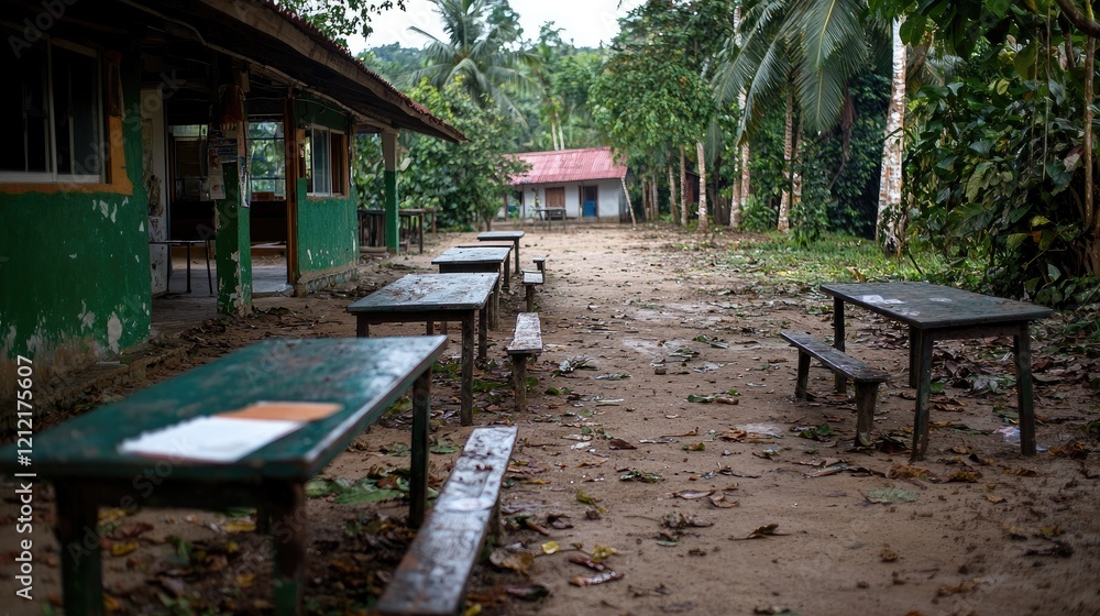 Rural school tables in tropical jungle setting Rural school tables in tropical jungle setting