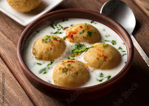 Dahi bhalla, chaat, Popular Indian snack.. Lentil fritters garnished are served in seasoned yogurt, street Indian food. AI generated photo