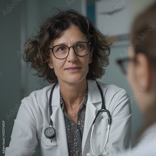 Doctor listens intently to patient in clinic office photo