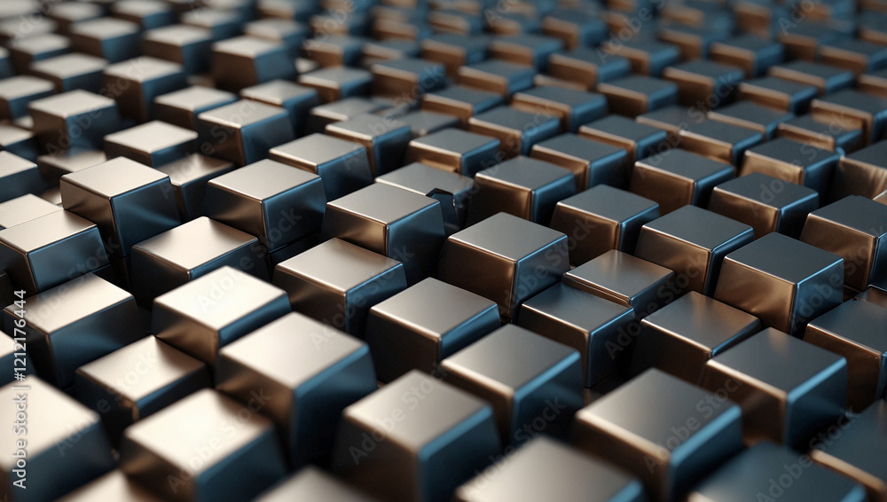 Fototapeta premium A close-up of a 3D pattern made of reflective metallic cubes, likely used as a background graphic on the website.