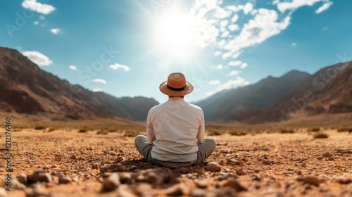 A lone figure sits in meditation amid a breathtaking desert landscape, harmonizing with the sunlight and mountains, embracing mindfulness in nature. photo