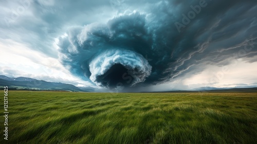 An awe-inspiring image of massive clouds rolling above a vibrant green field, reflecting the interplay of light and shadow in an atmospheric natural setting. photo