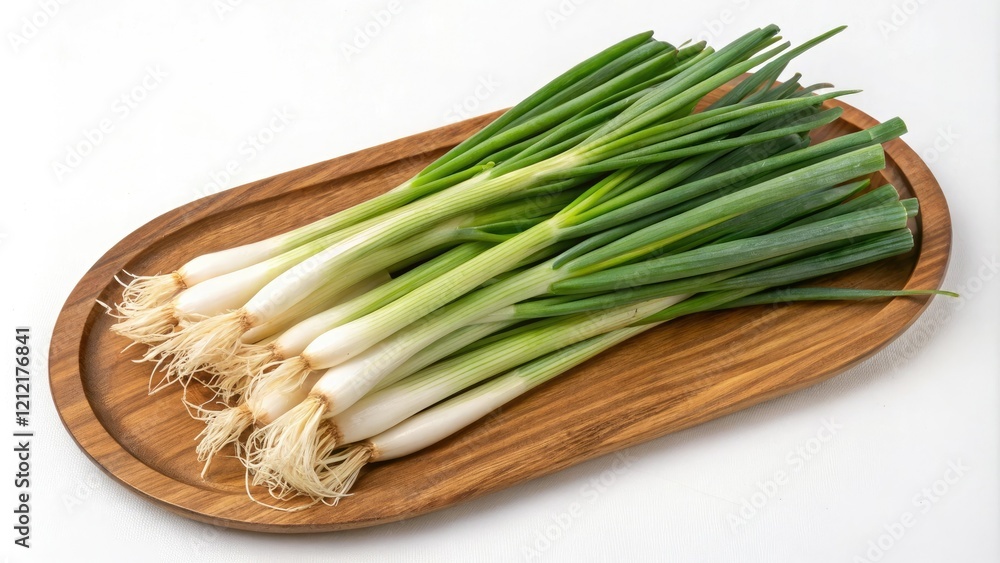 Fresh spring onions arranged on a wooden platter, healthy eating, edible flowers, vegetable gardening, green vegetables Fresh spring onions arranged on a wooden platter, healthy eating, edible flowers, vegetable gardening, green vegetables