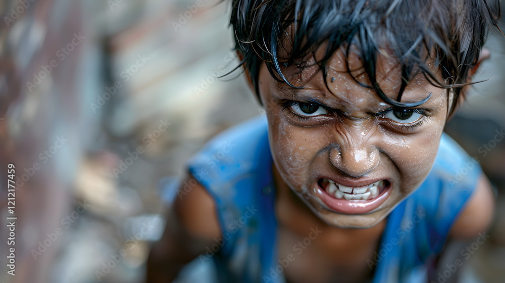 International Day for the Eradication of Poverty. A small, aggressive, hungry and dirty boy clenched his teeth in anger. An orphan boy in a refugee camp with an aggressive expression on his face. Sele International Day for the Eradication of Poverty. A small, aggressive, hungry and dirty boy clenched his teeth in anger. An orphan boy in a refugee camp with an aggressive expression on his face. Sele