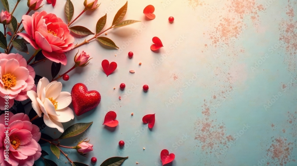 Romantic Floral Arrangement with Red Hearts and Berries on a Pastel Background Romantic Floral Arrangement with Red Hearts and Berries on a Pastel Background