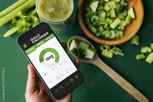 Fotografia Smartphone displaying calorie tracking app with chart showing daily intake against a backdrop of fresh, green vegetables