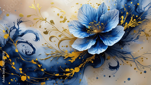 Indigo and Gold Inkblot Artwork Featuring Nature-Inspired Layers, a Blue Watercolor Blossom with Yellow Splatters, and a Dynamic Sense of Movement photo